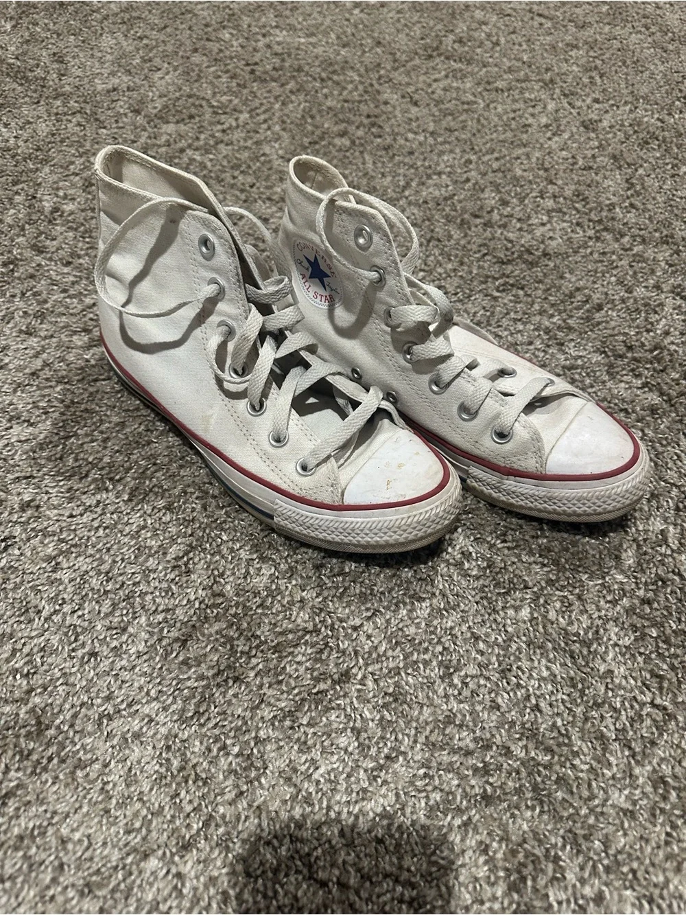 Converse Kids White High Top Sneakers with Red & Navy Trim